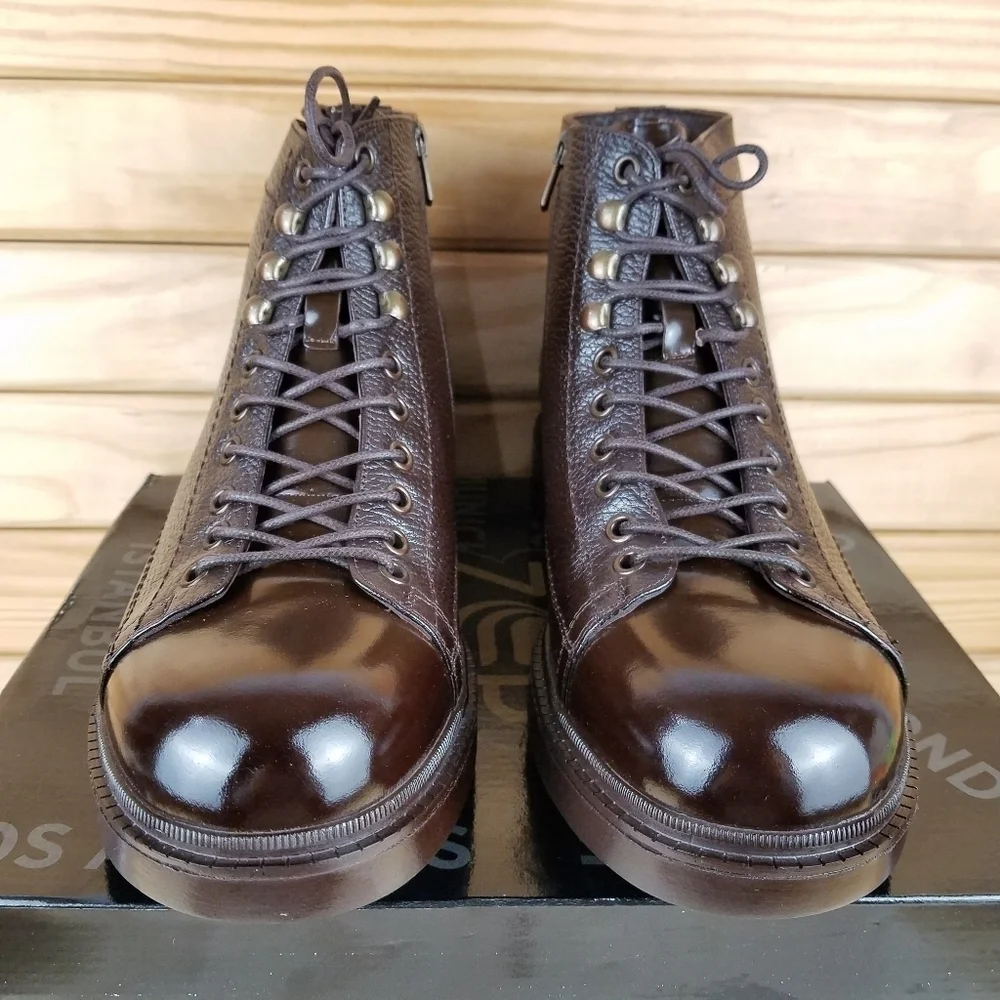 Men's 100% Genuine Leather Brown Ankle Boots by Paul Branco Side Zip Lace-up 11M